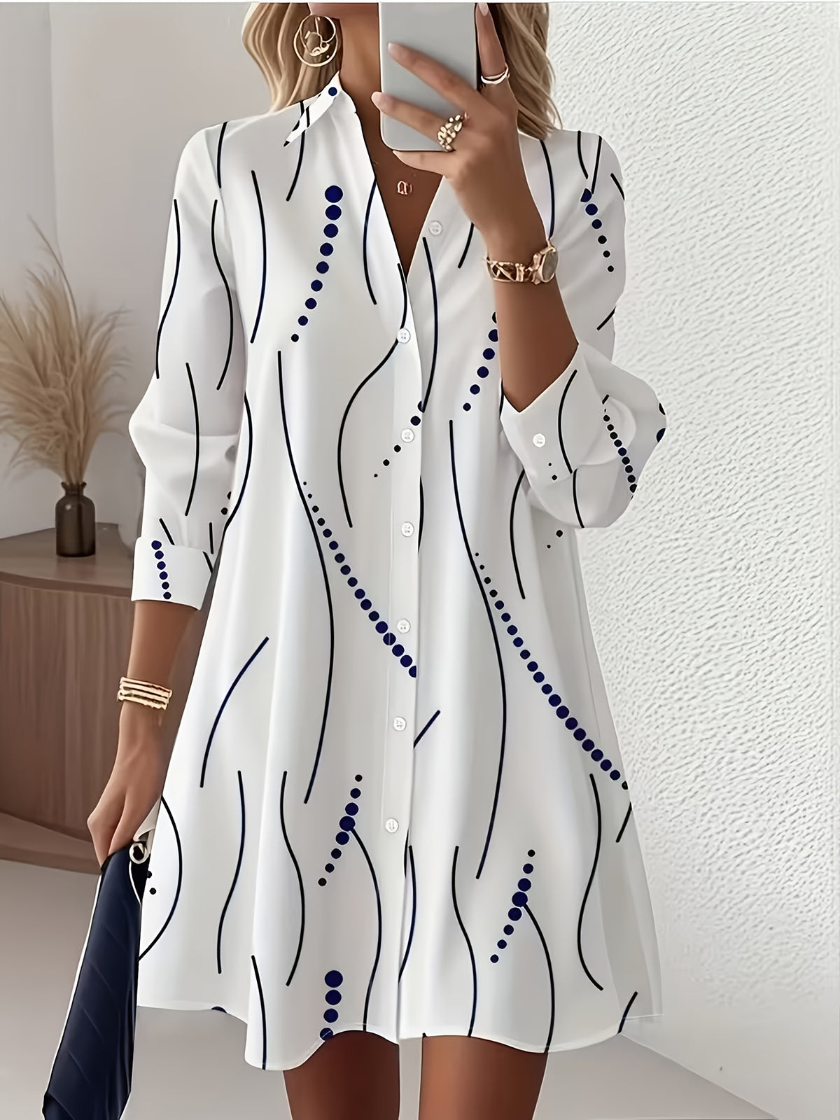 Elegant Women's Temperament Shirt Dress with Abstract Line Print, Flowy Loose-fit Shirt Dress, French-Style Relaxed Long-Sleeve Shirt Dress, Figure-Flattering Commuter Dress - Mixed colors