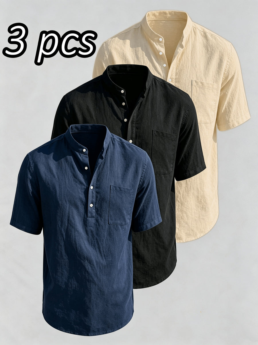 Men'S 3pcs Set of Stand-Collar Henley Short-Sleeve Shirts, Summer Thin Casual Button-Up Shirts, Chest Pocket Loose Breathable Solid-Color Short-Sleeve Tops - Navy blue + black + khaki