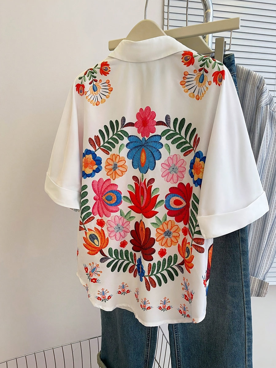 Women'S Floral Print Batwing Short Sleeve Casual Loose Shirt, Summer White - White