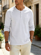 Men's Henley Long Sleeve T Shirts, Solid Color Crew Neck Pullover Tops with Chest Pocket, Breathable Soft Casual Loose Fit Long Sleeve Shirts, All Seasons Basic Undershirt for Daily Commute Outdoor, Versatile Minimalist Men Clothing Multiple Sizes& - White