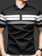 New Summer Men's Short-Sleeve T-Shirt, Wrinkle-Free Striped Loose-Fit Polo Shirt, Stylish and Versatile Casual Dad Fit Thin Shirt 26659 - Black