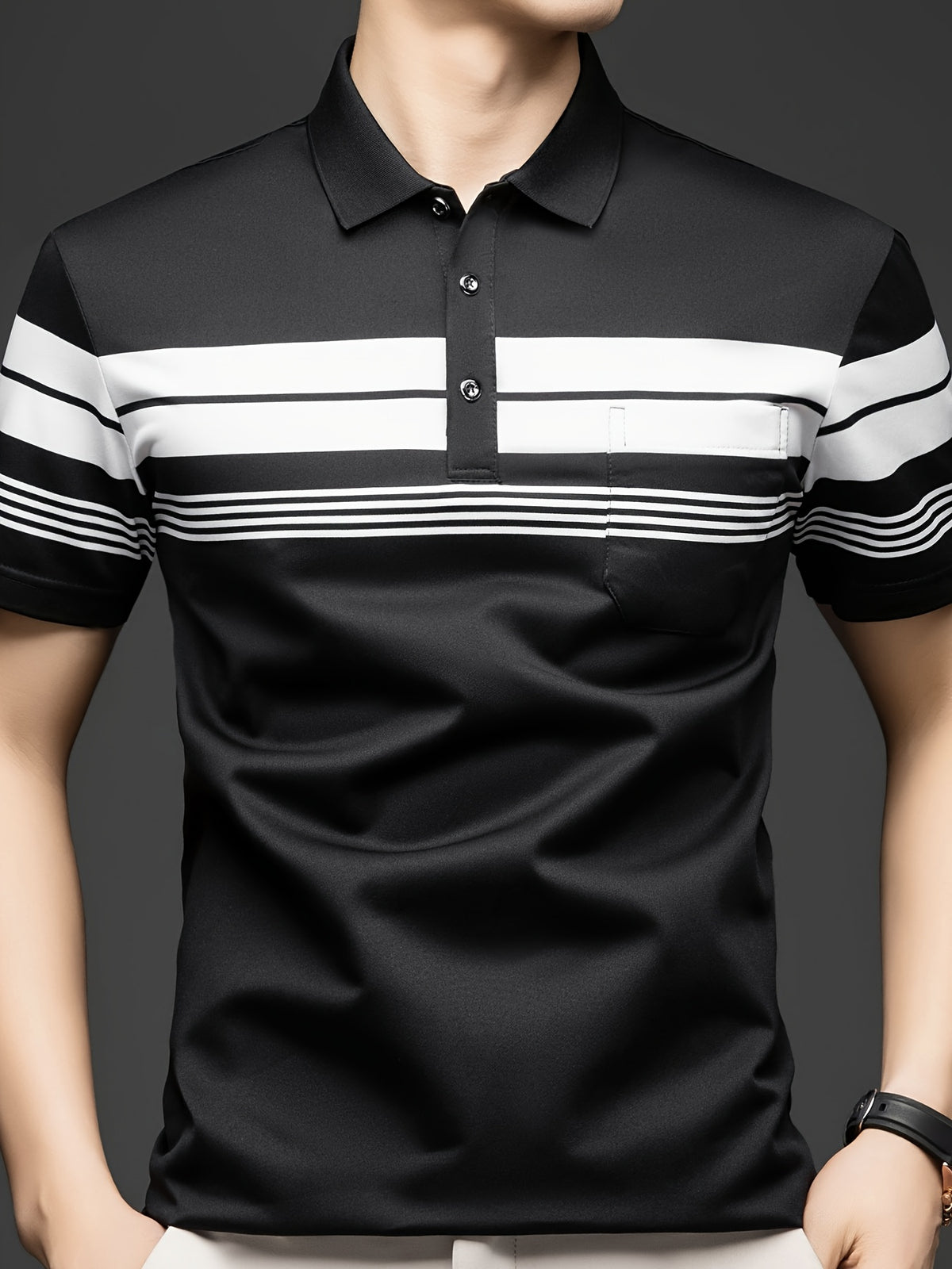 New Summer Men's Short-Sleeve T-Shirt, Wrinkle-Free Striped Loose-Fit Polo Shirt, Stylish and Versatile Casual Dad Fit Thin Shirt 26659 - Black