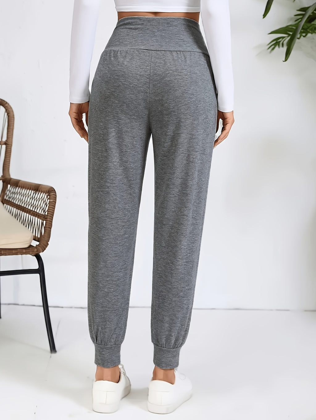 An Elegant Women's Casual High-waisted Pants with Slant Pockets. Women's Pants and Cuffed Long Pants for Spring, Summer, and Autumn - Dark Gray