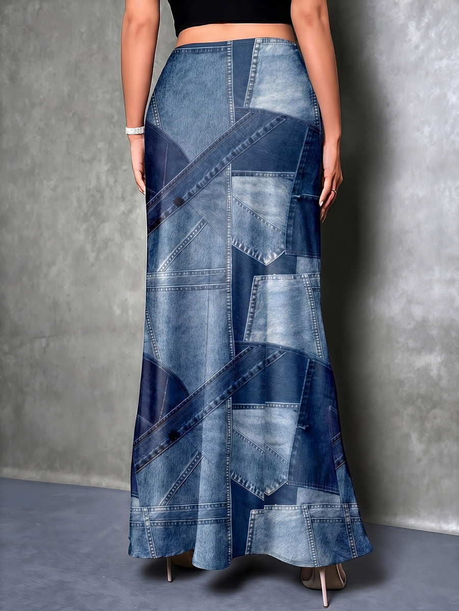 [Printed Skirt - Not Denim Fabric]American Retro Design Sense Faux Denim Patchwork Print Midi Skirt, High-Waist Slim Fit Leg-Lengthening Temperament All-Match Long Tail Skirt - Blue
