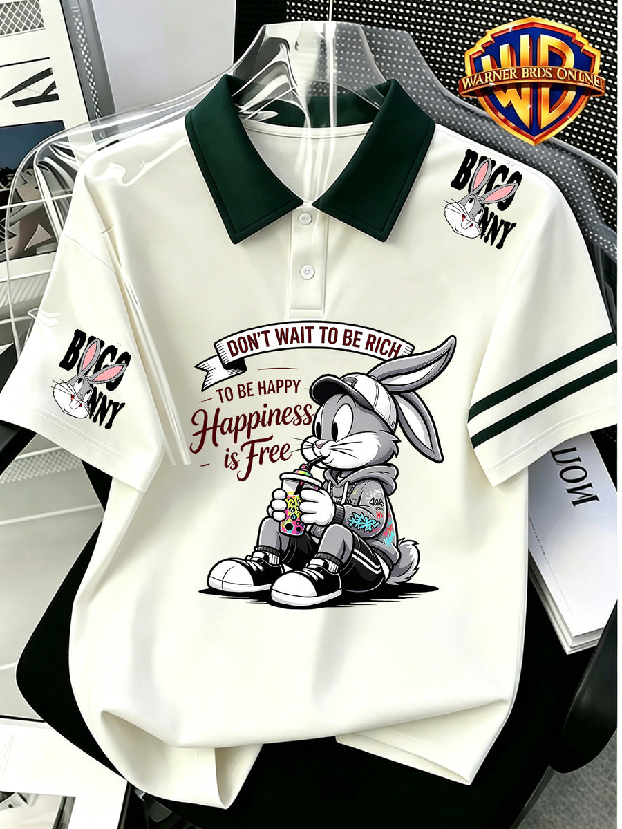 1pc, Le Yitong Rabbit T-Shirt Print Men'S Summer Casual Polo Shirt, Preppy Style Leisure Couple Short Sleeve Top, Summer Daily Outing, Campus Wear, Student Couple Style Best Choice, Suitable for Daily Outing And Athletic Wear - Unisex - Green