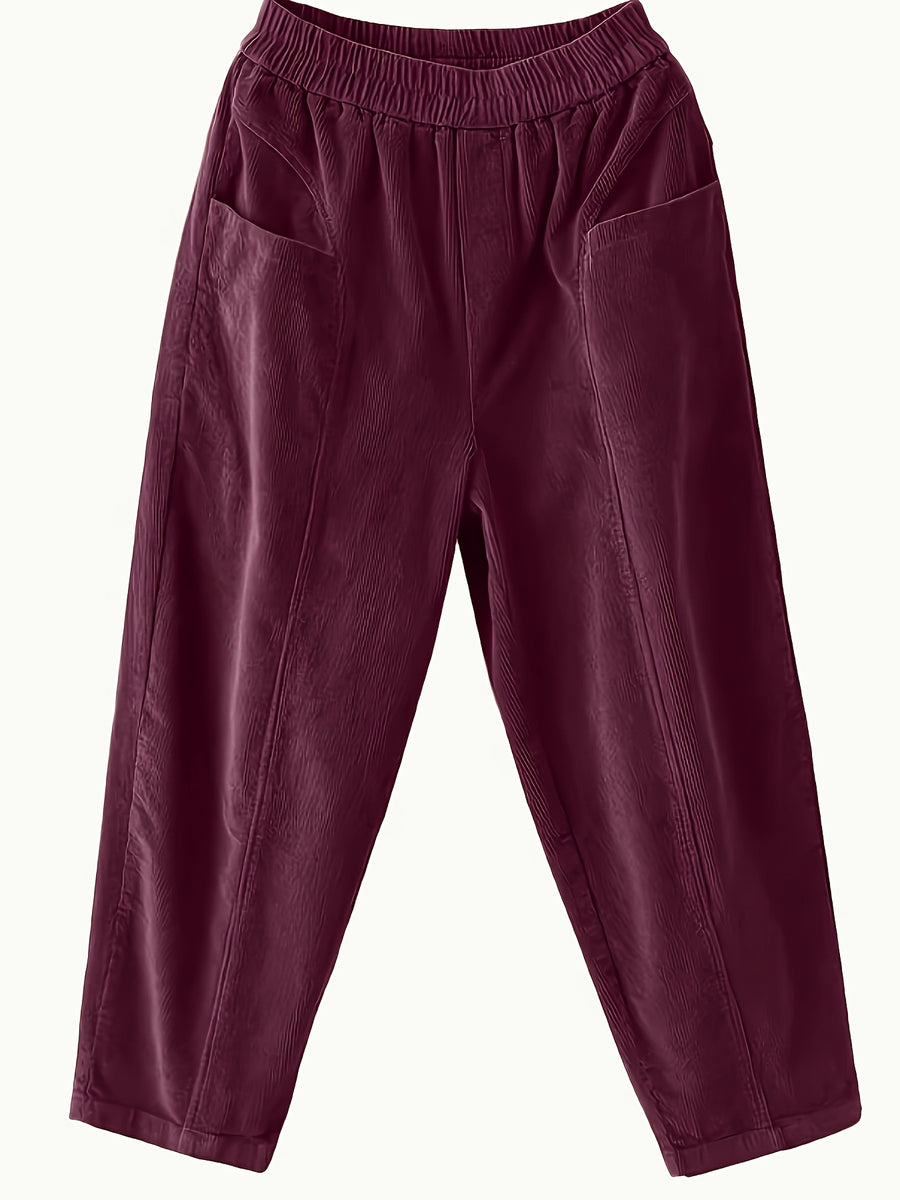 Plus Size - Plus Size - Women'S Elegant Wide-Leg Corduroy Harem Pants - Tapered Design with Pockets, All-Season Corduroy Trousers, Suitable for Casual And Formal Occasions - Burgundy