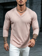 Mens V-Neck Long Sleeve Tshirt Ribbed Knit Stretch Slim Fit Casual Date Work Daily Fall Top - Khaki