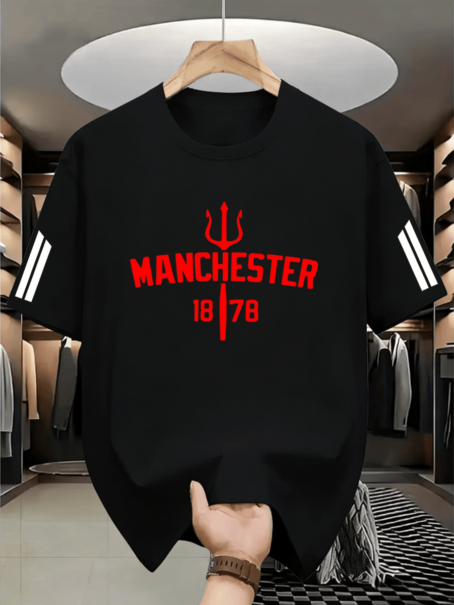 Men'S Casual Manchester Graphic T-Shirt - Casual Style, Soft And Breathable, Eye-Catching Lettering Design, Round Neck Short Sleeve Summer Tee, Urban Trendy Apparel - Black