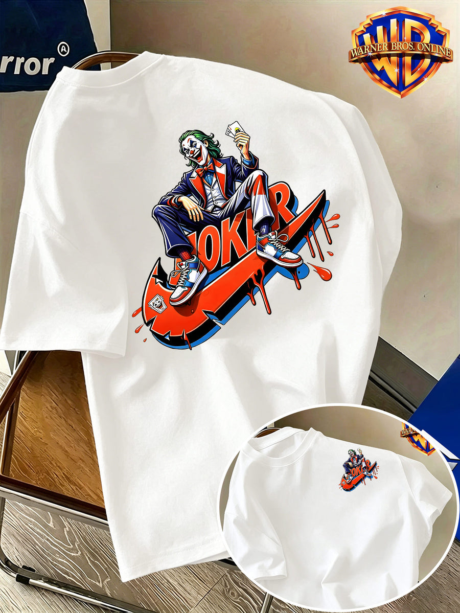 Warner Bros. Authentic Men's 100% Short-Sleeve T-Shirt, Trendy Hip-Hop Character Top, Featuring a Dominant Seated Figure Holding Playing Card Accessories, Adorned with Red-Orange Color-Block Dripping Enamel Paint Patterns, Exceptional Visual Impact - White