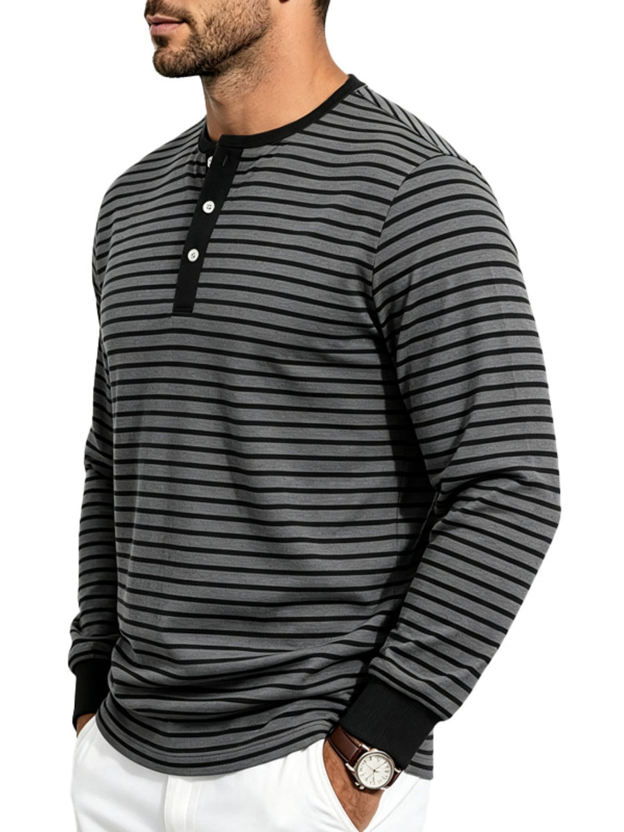 Men's Striped Henley Neck Long Sleeve T-Shirt, Fall Casual 3 Buttons Commuter Basic Shirt - Dark Gray