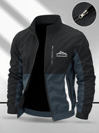 Men's Color-Block Spliced Stand-Collar Jacket, Spring/Autumn Outdoor Windproof Top, Trendy Casual Sporty Versatile Printed Jacket - Black
