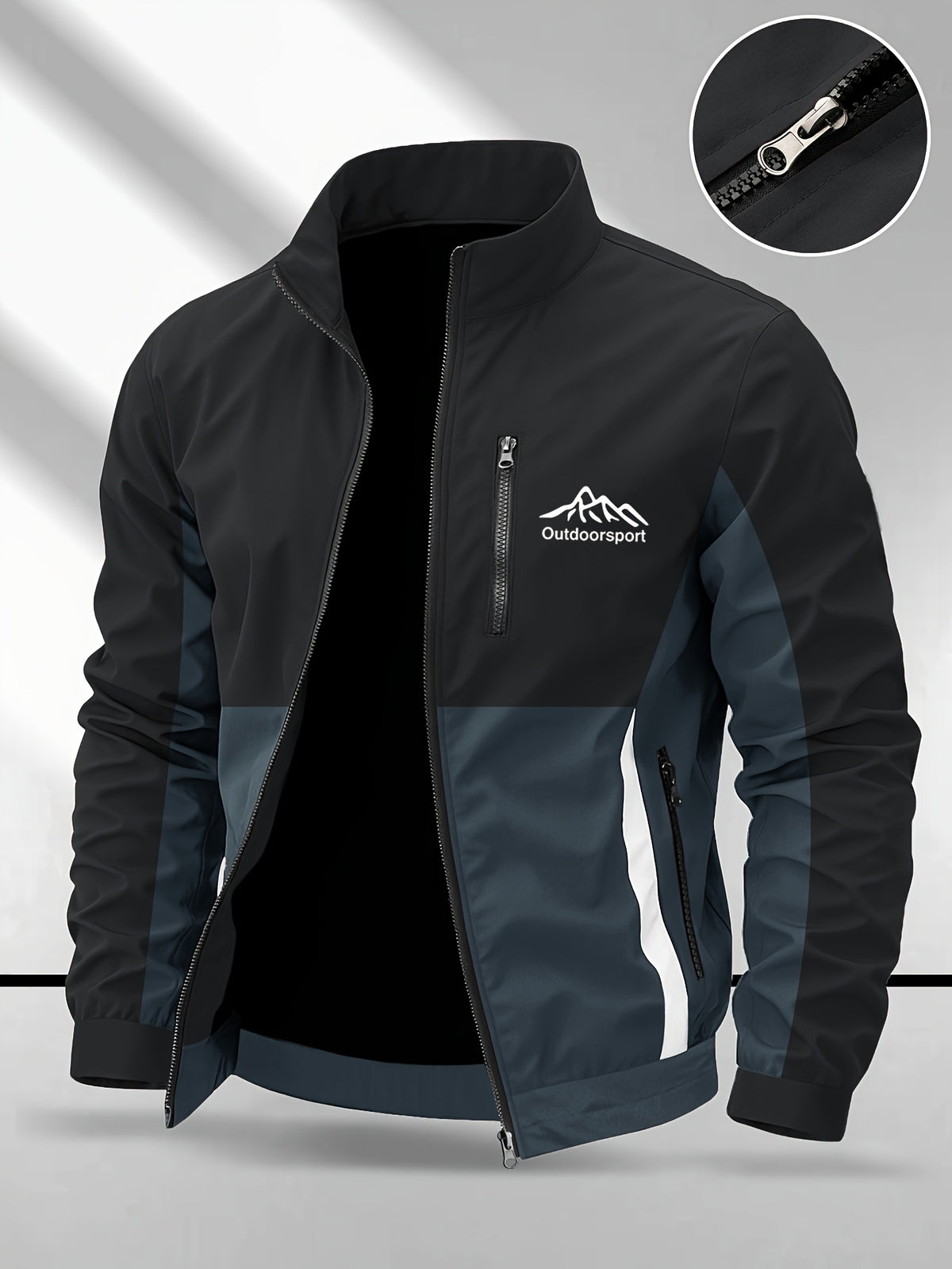 Men's Color-Block Spliced Stand-Collar Jacket, Spring/Autumn Outdoor Windproof Top, Trendy Casual Sporty Versatile Printed Jacket - Black