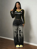 Women's Fashion Loose Wide-Leg Jeans with Elastic Waist and Print - Black