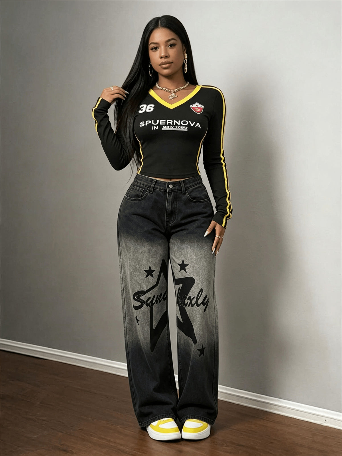 Women's Fashion Loose Wide-Leg Jeans with Elastic Waist and Print - Black