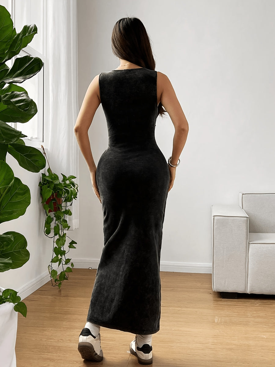 Sleeveless Round Neck Fitted Dress - Black