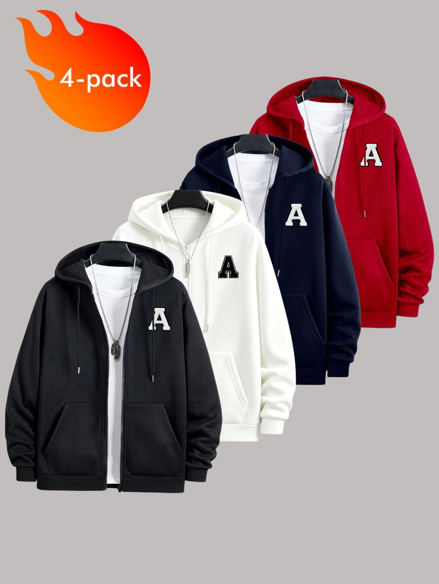50% Cotton, 50% Polyester, 4pcs Men's Zippered Hooded -Lined Sweatshirt, Men's Apparel, Long-Sleeve Jacket, Zippered Top, Hooded Sweatshirt, Pockets, Drawstring, Suitable for Outings, Casual Wear, Back-to-School Season, Gift for Boyfriend - Black+white+navy+red