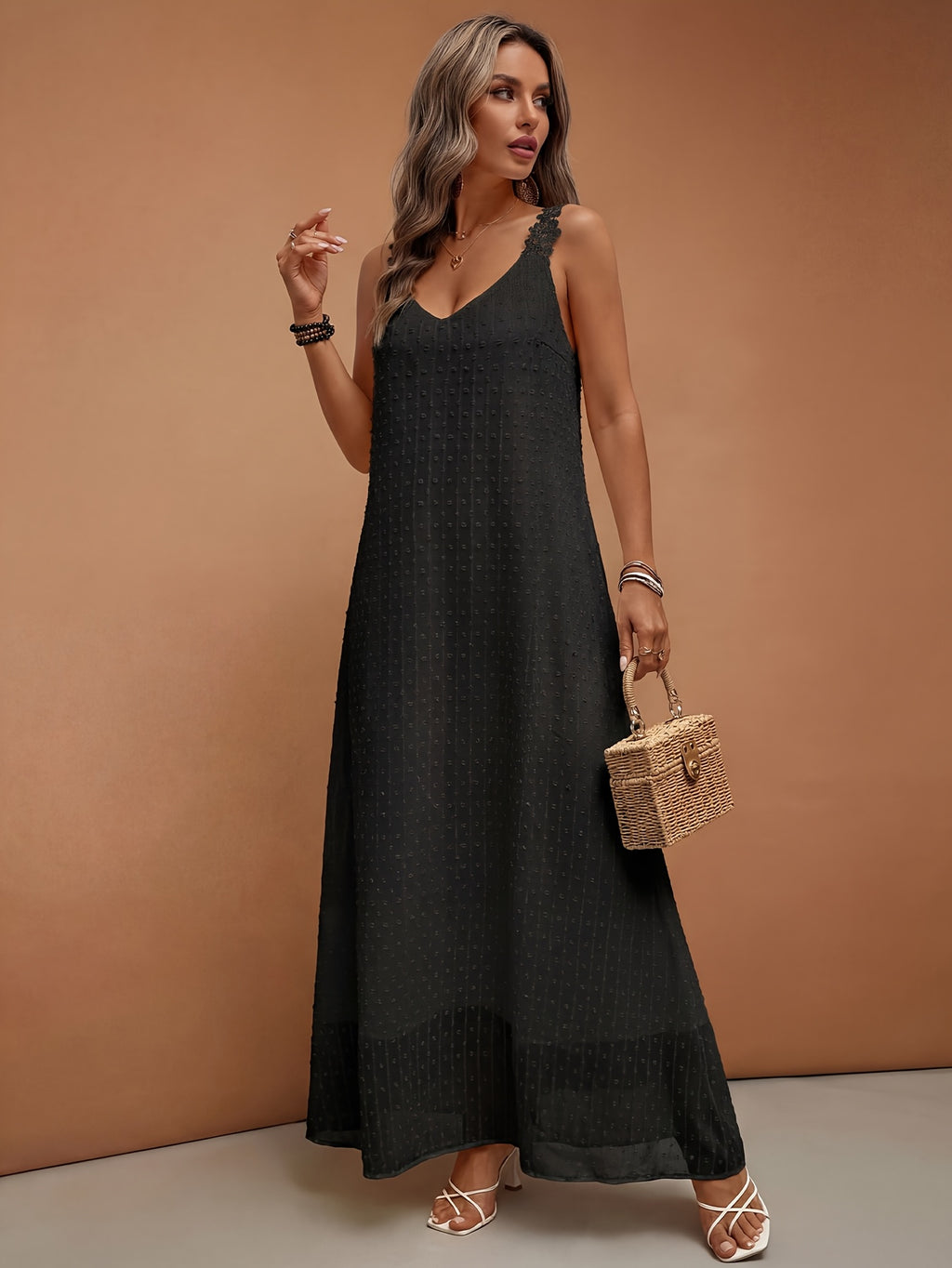 Women'S Elegant Vacation V-Neck Lace Trim Solid Color French Style Dress, Wedding Guest Dress - Black