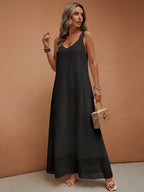 Women'S Elegant Vacation V-Neck Lace Trim Solid Color French Style Dress, Wedding Guest Dress - Black