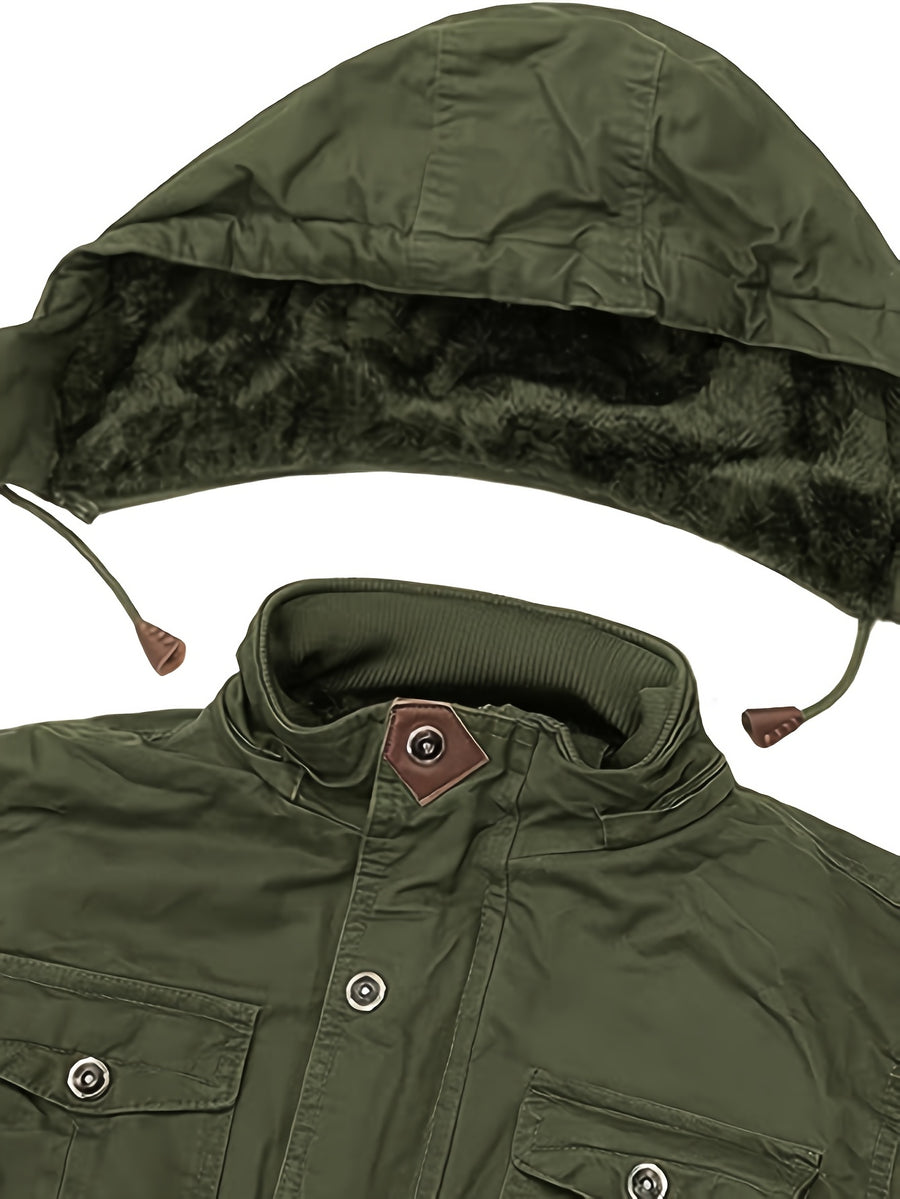 Men'S Winter Fleece-Lined Hooded Jacket - Thick Warm Insulated, Multiple Pockets, 100% Polyester Casual Coat, Machine Washable Regular Fit for Autumn/Winter Outdoor Wear, Winter Outerwear - fern green
