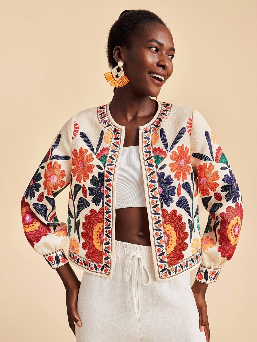 Floral Print Casual Jacket for Women, Open Front Light Beige Boho Autumn Vacation Holiday Wear, New Year Look Western Style Tropical Summer - Apricot