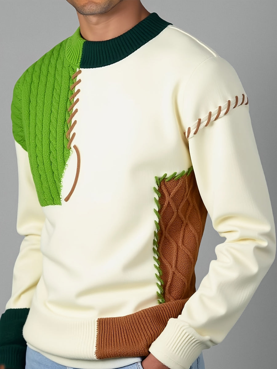 Men's Color-Block Crewneck Sweater, Regular Fit Warm Knitwear for Autumn/Winter, Casual Base Layer for Teens, Fashionable - Green