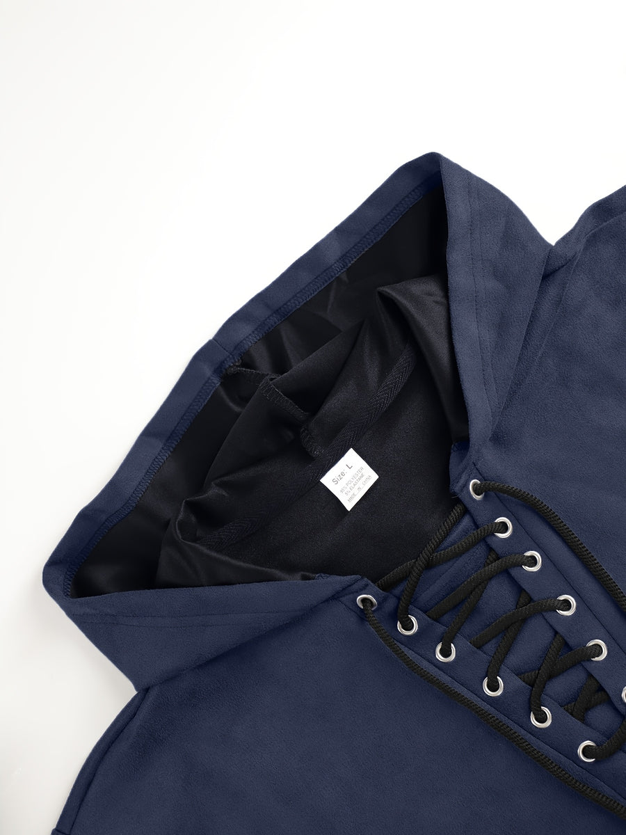 Men'S Drawstring Hooded Sweatshirt, Faux Texture Long Sleeve Hooded Top with Zipper Pockets, Casual Street Style Daily Wear, Gift Idea - Navy Color