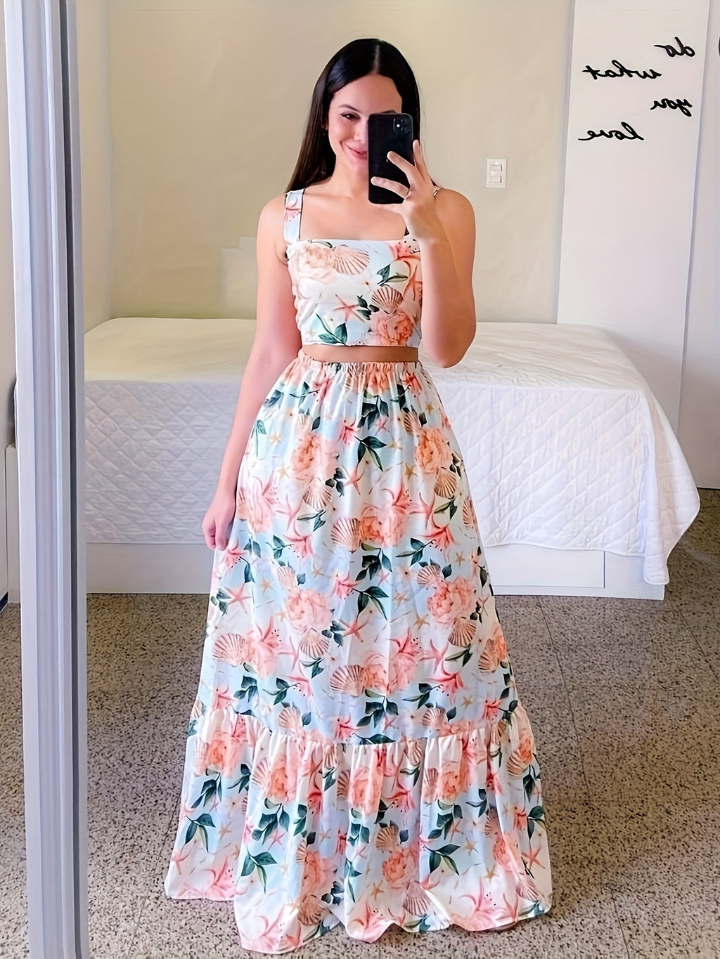 European and American Fashion Women's 2pcs Set, Waist-Revealing Camisole with Design, Summer Fresh Floral Print with Ruffled Hem Maxi Dress, Suitable for Summer Vacation, Casual Outfit for Women, Gavin - White