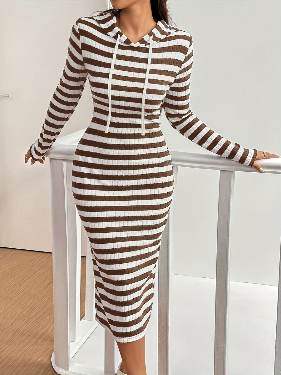 Elegant Classic Striped Spring Autumn Commute Long Sleeve Drawstring Hooded Long Dress - Brown And White