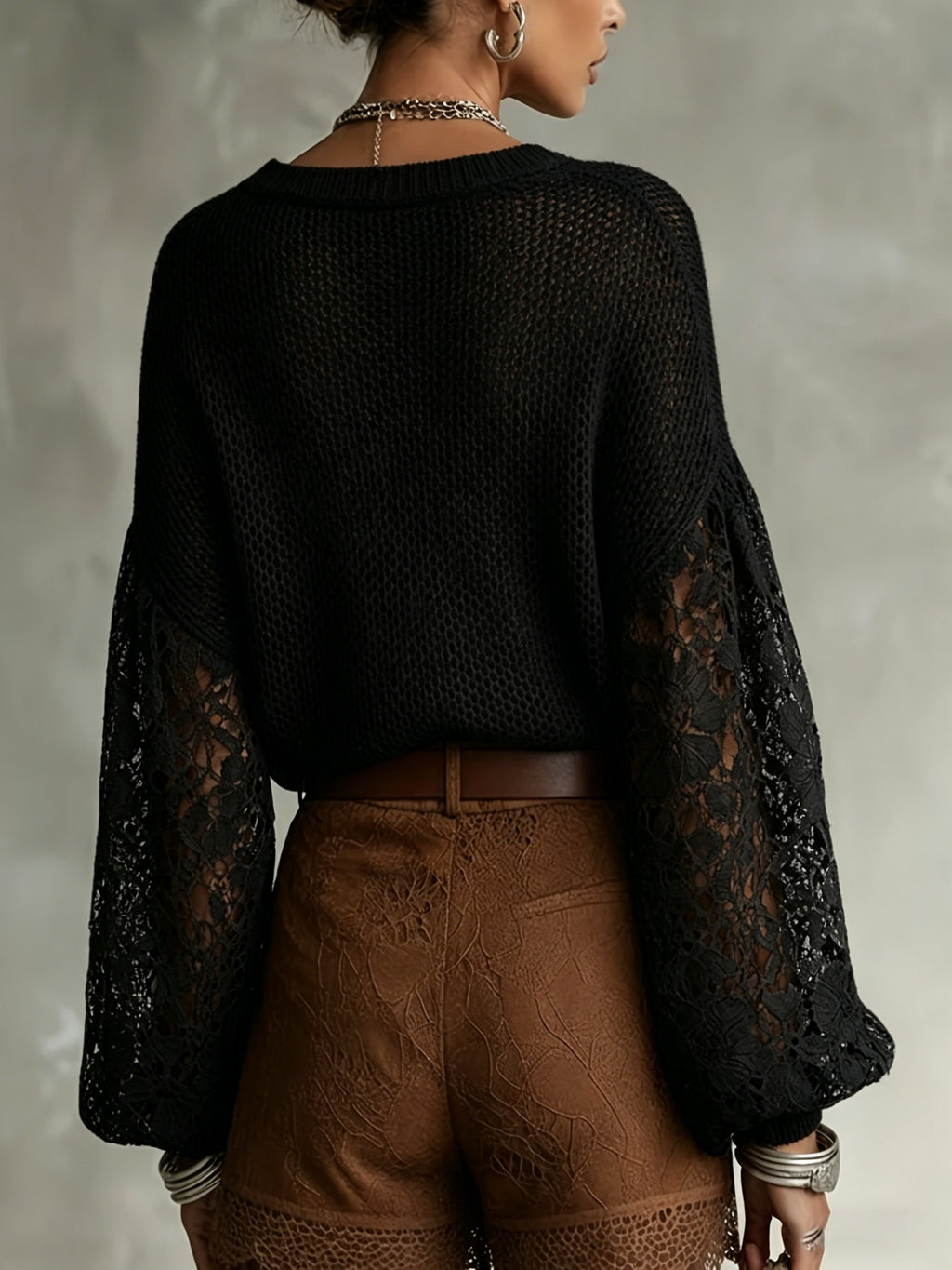 Women's V-Neck Lace Sleeve Sweater, Soft Fabric, Versatile Pullover for Daily Commuting - Black