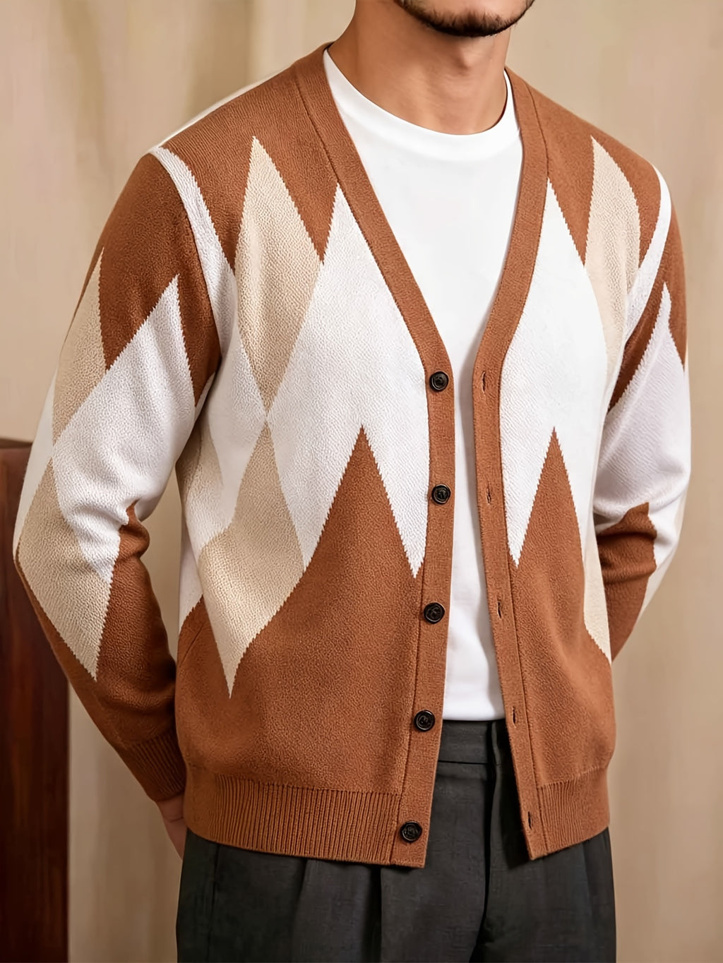 Men'S Autumn Winter Knit Cardigan, Long Sleeve Round Neck Button-Up Sweater Jacket, Casual Loose All-Match Knitwear - Coffee Color