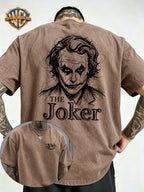 Warner Bros Official Hand-Drawn Scribble DC Joker Print Washed T-Shirt, Men's 100% Pure Cotton Fabric, Casual and Comfortable Style, Loose Fit Breathable Short Sleeve Men's Casual Top, Distressed Washed Loose Fit - Khaki