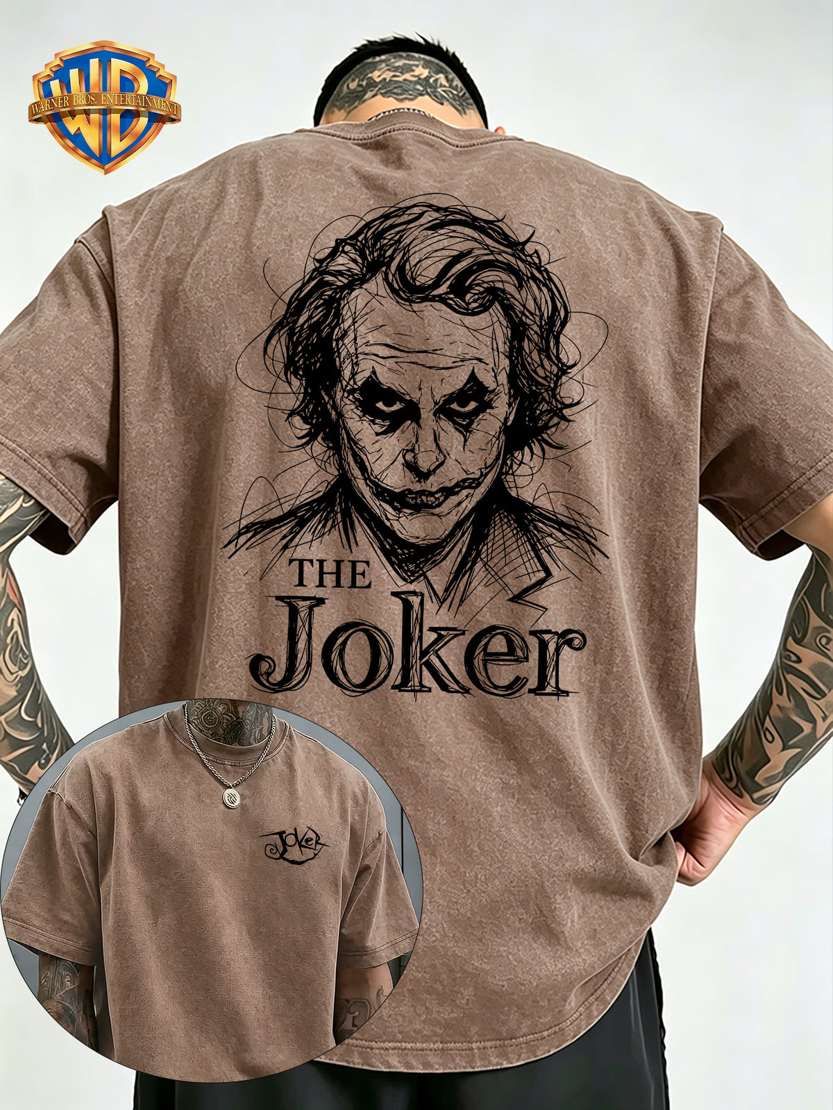 Warner Bros Official Hand-Drawn Scribble DC Joker Print Washed T-Shirt, Men's 100% Pure Cotton Fabric, Casual and Comfortable Style, Loose Fit Breathable Short Sleeve Men's Casual Top, Distressed Washed Loose Fit - Khaki