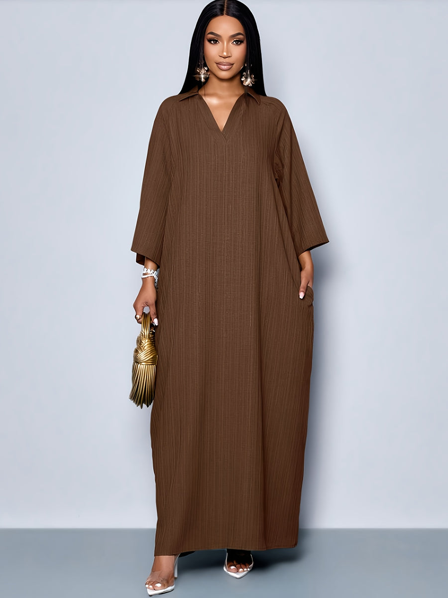 Spring Summer Women'S Fashion Elegant V-Neck Loose Batwing Sleeve Beltless One-Piece Dress - Khaki