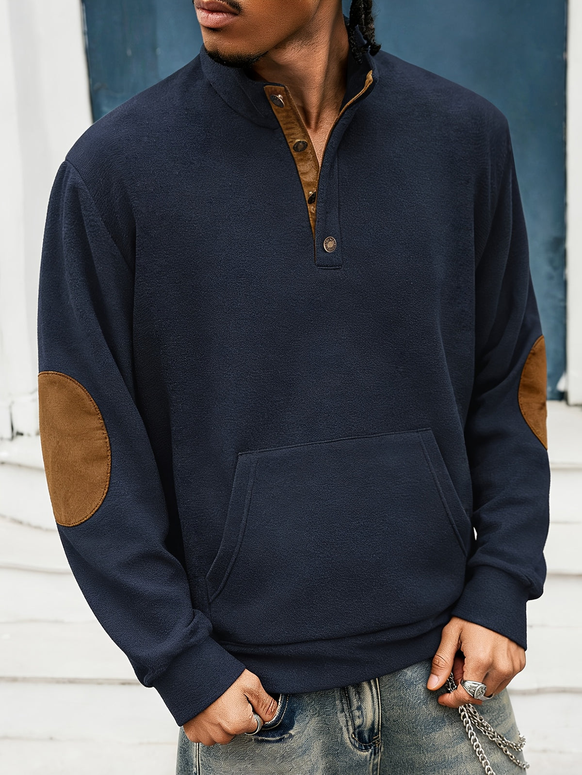 Men's Vintage Sport Stand Collar Half-Zip Sweatshirt with Contrast Color Elbow Patches and Kangaroo Pocket, Top - Navy Color