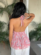 Women's Summer Vacation Casual Mesh Paisley Print Tie-Back Halter Neck Bow Vest - Mixed colors
