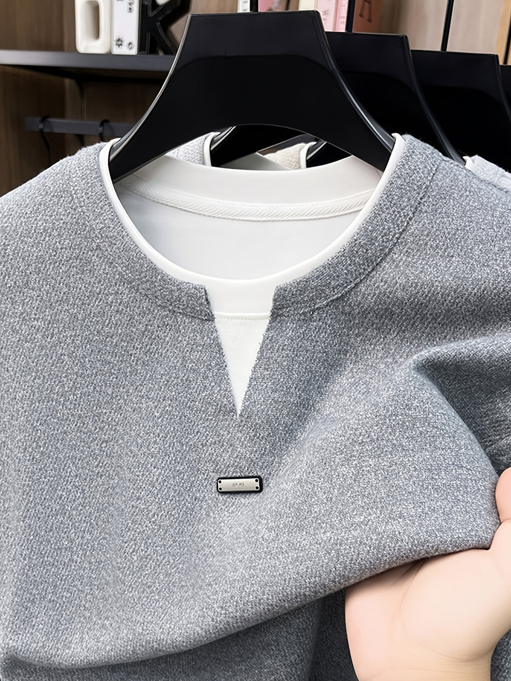 Men's 2-in-1 Look V-Neck Sweatshirt, Loose Drop Shoulder, Casual Pullover Long Sleeve, Suitable for Daily Commuting and Leisure. -SINBOS - Medium Gray