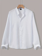 [Qiaoximei OBM] Men'S Clothing New Stand-Collar Solid Color Long Sleeve Shirt, Easy Stand-Collar Design, Spring Autumn Winter High-Quality Men'S Long Sleeve Button-Up Shirt - Suitable for Outdoor Leisure Vacation Travel Formal - White
