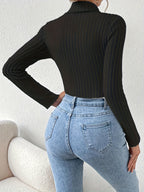 Trendy Autumn And Winter Solid Color Long-Sleeve Casual New Style Bodysuit for Women, Perfect for Vacations - Black