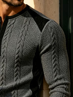 [Joximei OBM] Western Hardman Style Men'S Jacquard Henley Long Sleeve T-Shirt, Shoulder Side Color-Block Patchwork Knit Top, Home Casual Weekend Outing Base Layer, Surprise Gift for Men - Dark Gray