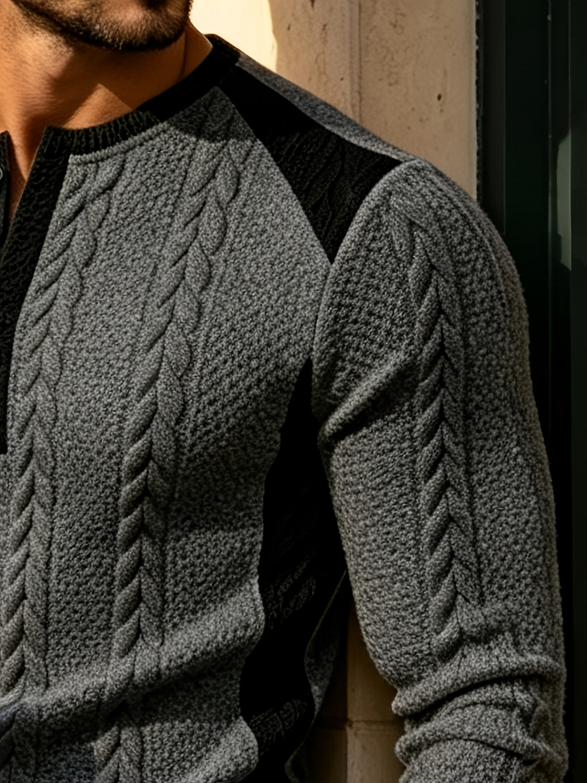 [Joximei OBM] Western Hardman Style Men'S Jacquard Henley Long Sleeve T-Shirt, Shoulder Side Color-Block Patchwork Knit Top, Home Casual Weekend Outing Base Layer, Surprise Gift for Men - Dark Gray