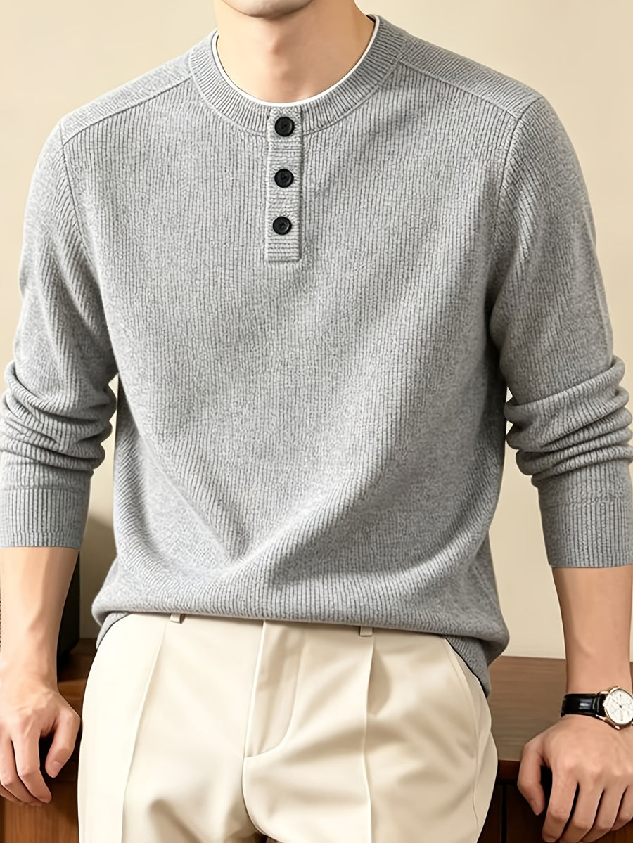 Men'S Henley Collar Knit Pullover Sweater, Half-Button Placket Design, Contrast Edge Trim Neckline Casual Easy Knit Top - 【Light Grey】