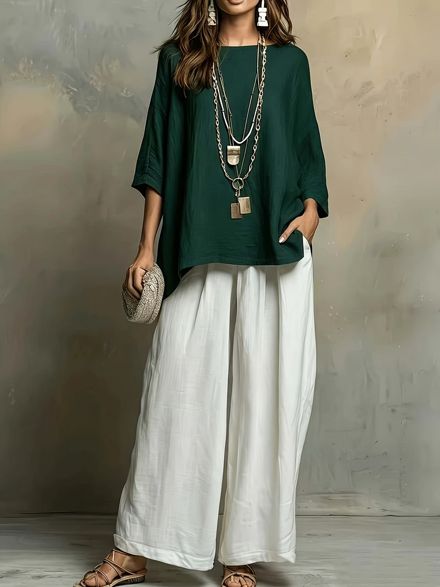 Bohemian Spring Summer New Loose Elegant Color-Block Set Women'S Round Neck Short Sleeve Solid Top And High-Waist Wide-Leg Pants 2pcs Set Western Casual Vacation Suit - Dark Green