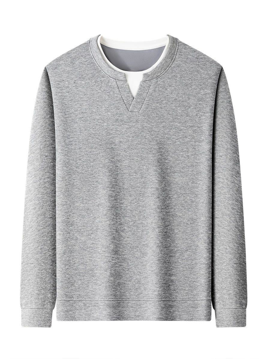 Men'S V-Neck Faux Two-Piece Long Sleeve Sweatshirt, Suitable for Commute And Casual Wear, Outerwear And Inner Wear, Regular Shoulder Long Sleeve Pullover Sweatshirt - SINBOS - Smoke Grey