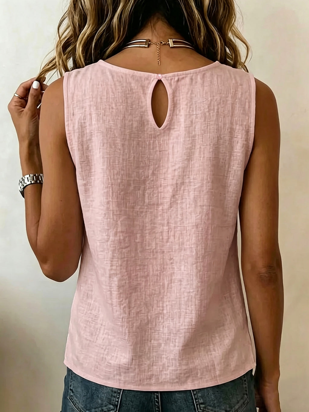 Summer Minimalist Style Round Neck Side-Button Versatile Sleeveless Shirt - Lotus Pink