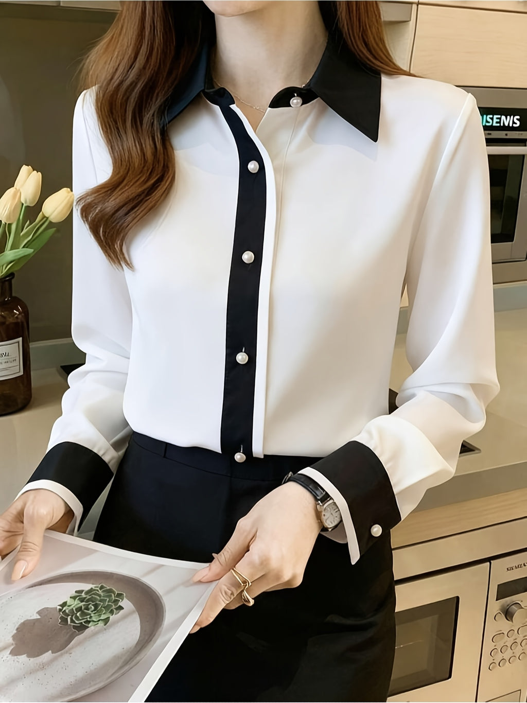 Elegant Special Edition Women'S Printed Long Sleeve Shirt - Classic Lapel Button Design Suitable for Office Commute Or Formal Occasions, Workplace Attire, Refined Casual - Mixed colors