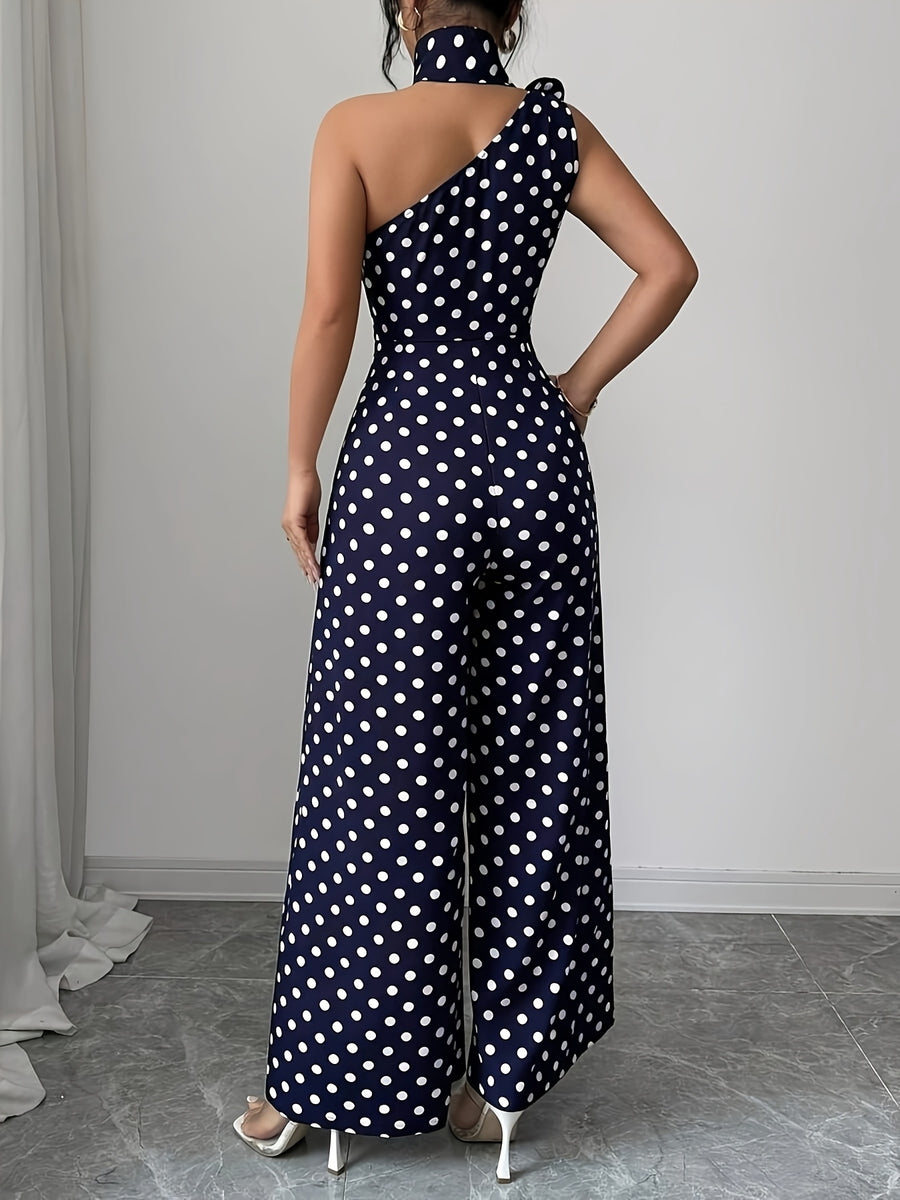 Women's Elegant Casual French-Style Polka Dot Asymmetrical Collar Rose Embellished Sleeveless Slim-Fit Jumpsuit, Spring/Summer Collection ZLLZ - Navy Color
