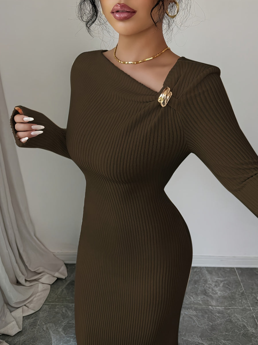 Elenzga Women'S Solid Color Long Sleeve Asymmetric Collar Bodycon Midi Dress | Elegant, Metal Decoration, Suitable For Spring/Summer/Fall - Dark Brown