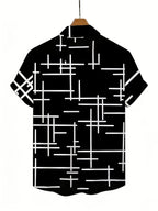 Men's Minimalist Geometric Short-Sleeve Shirt, Cool Street Style, All-Over Black and White Contrasting Line Print, Loose Fit Top, Suitable for Streetwear, Casual, and Daily Wear - Mixed colors
