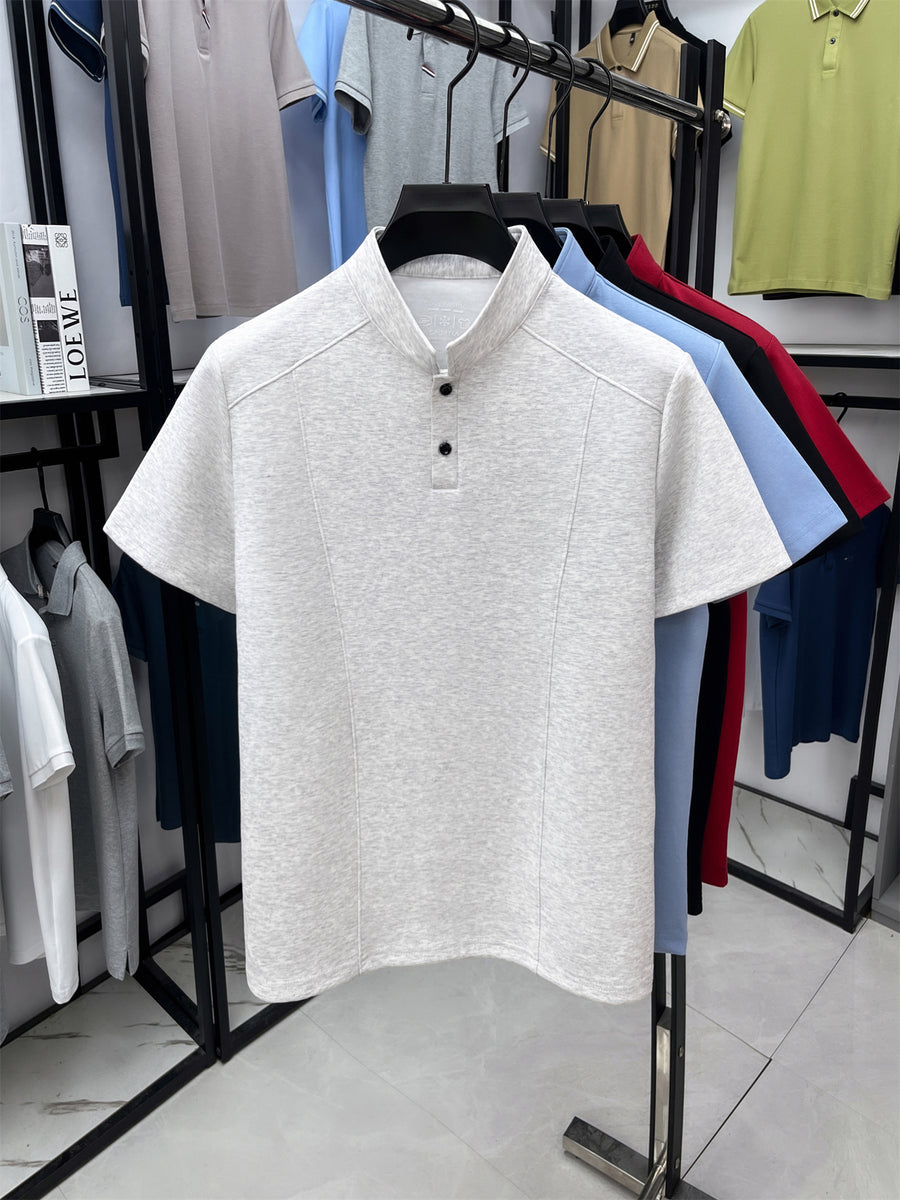 Men'S Stand-Up Collar Short-Sleeved T-Shirt, Men'S Retro High-End Summer New Shoulder-Padded Slimming Half-Sleeve Polo Shirt, Men'S Yao Can - Gray White