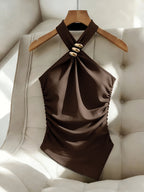 Women'S Solid Color Halter Slim Off-Shoulder Elegant Asymmetrical Hem Top, Side Waist Cinched Ruched Blouse, Metal Decor Button Design, Suitable for Dates, Gatherings, Commuting, Casual Fashion Versatile Premium Style - All-Season - Coffee Brown